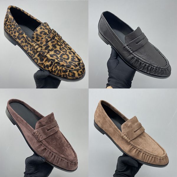High Quality Ruched Penny Loafers Le Loafers Backless Mules Designer Men Women Creased Leather Suede Slip On Flat Dress Shoes Classic Daily Streetwear Footwear 1137