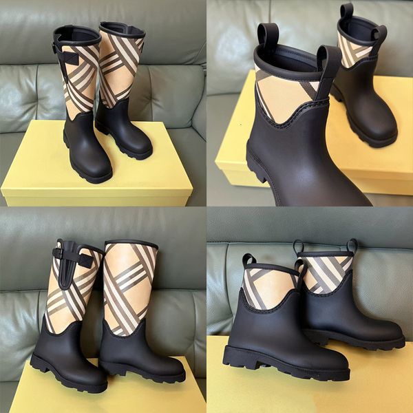 High Quality Rainboots Check Marsh Boots Women Rubber Boots Black Plaid High Boots Wellington Boot Ankle Booties Fashion Boots 1004