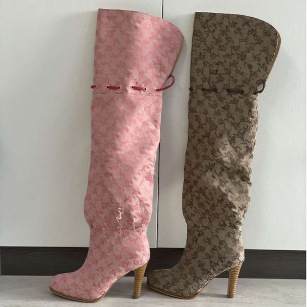 Women Designer Boots Over The Knee Boots Winter Long Boot Adjustable Straps Canvas Zipper Laces Original Shoes Ladies Girls Sexy High Boot 317